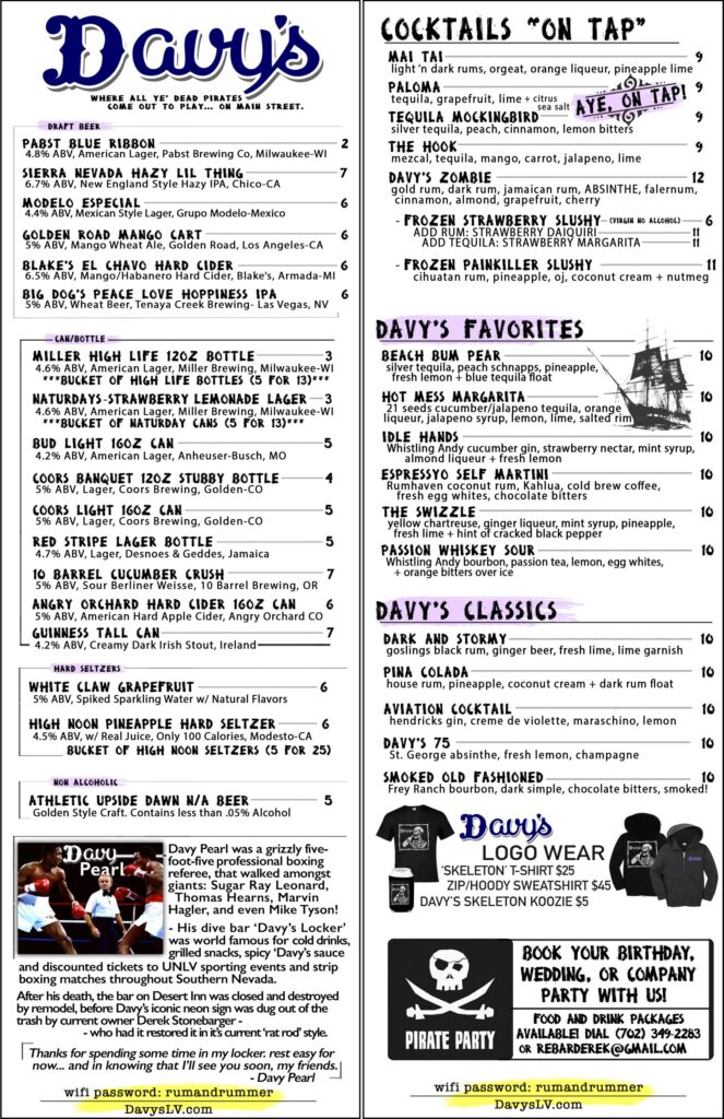 Davy's drink menu, Jan. 2024