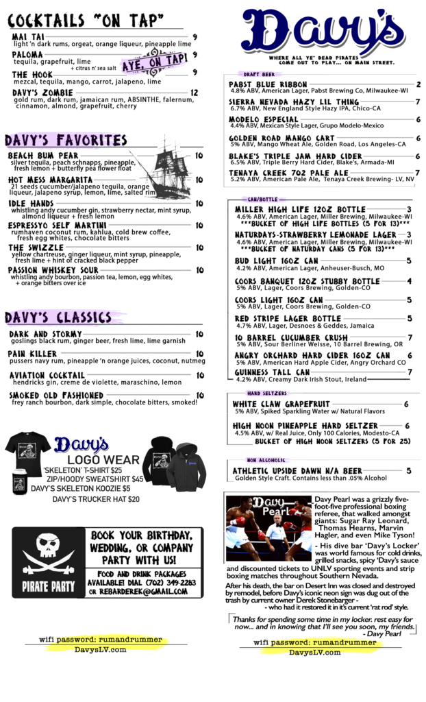 Davy's drink menu